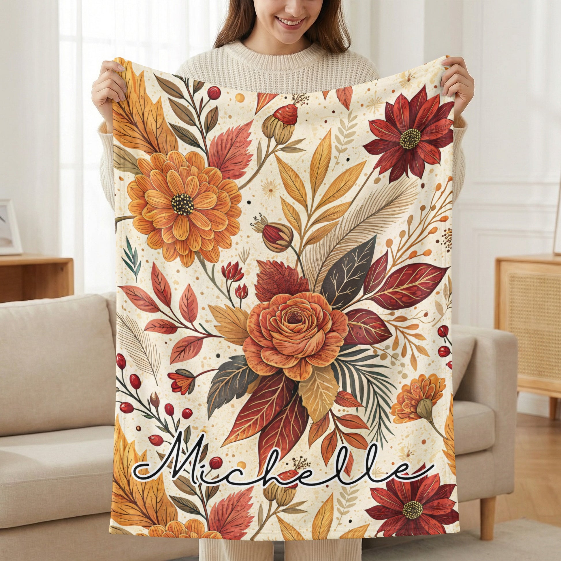 Personalized Autumn Floral Blanket with Custom Name