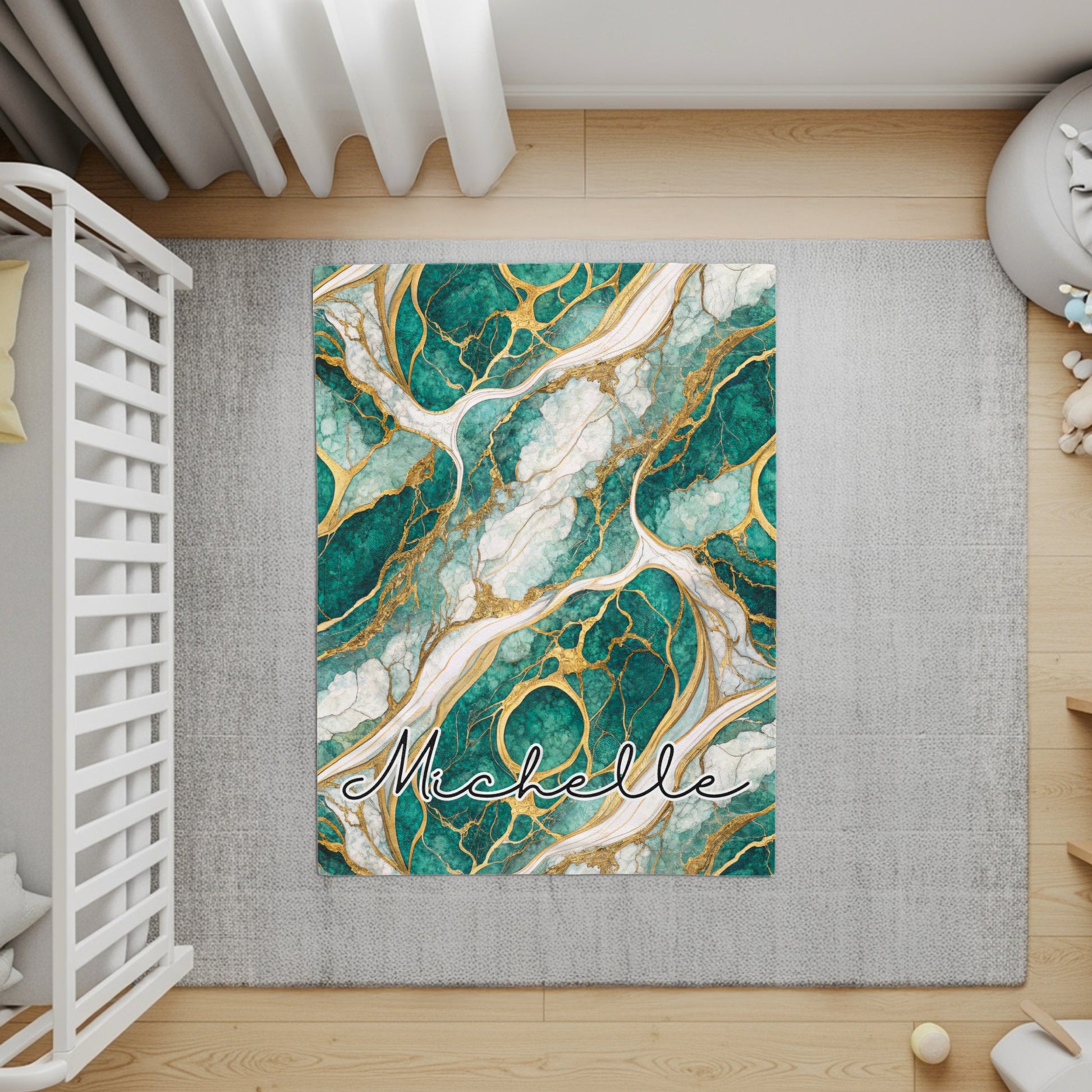 Teal Marble Design with Golden Veins Custom Name Blanket - Walk Greener