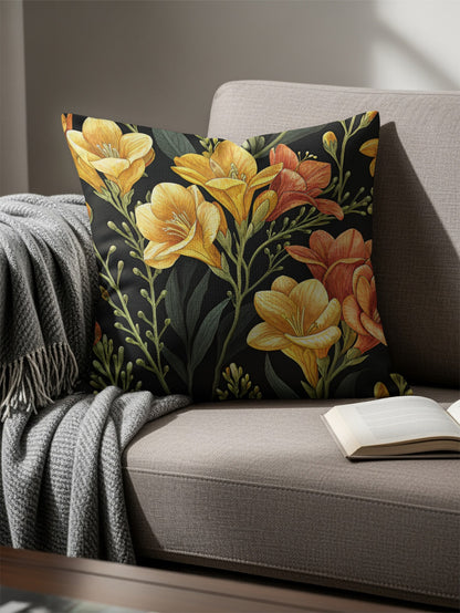 Orange Yellow Freesia Flowers Pattern Artistic Decorative Floral Throw Pillows - Walk Greener