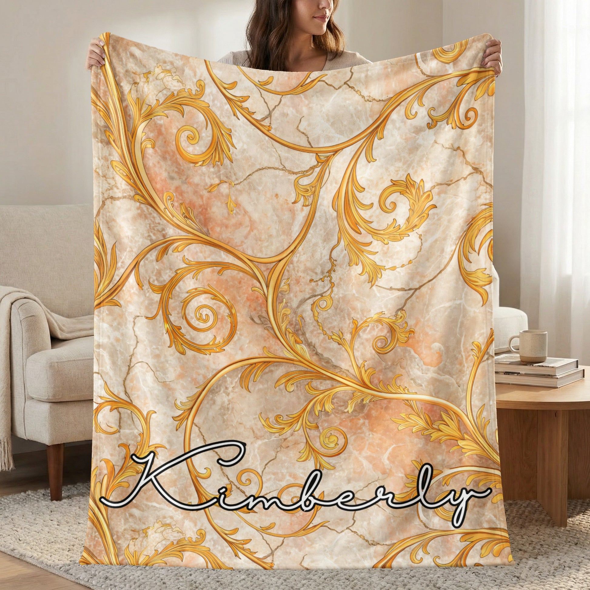 Gold Floral Swirls on Marble Custom Name Blanket - Walk Greener