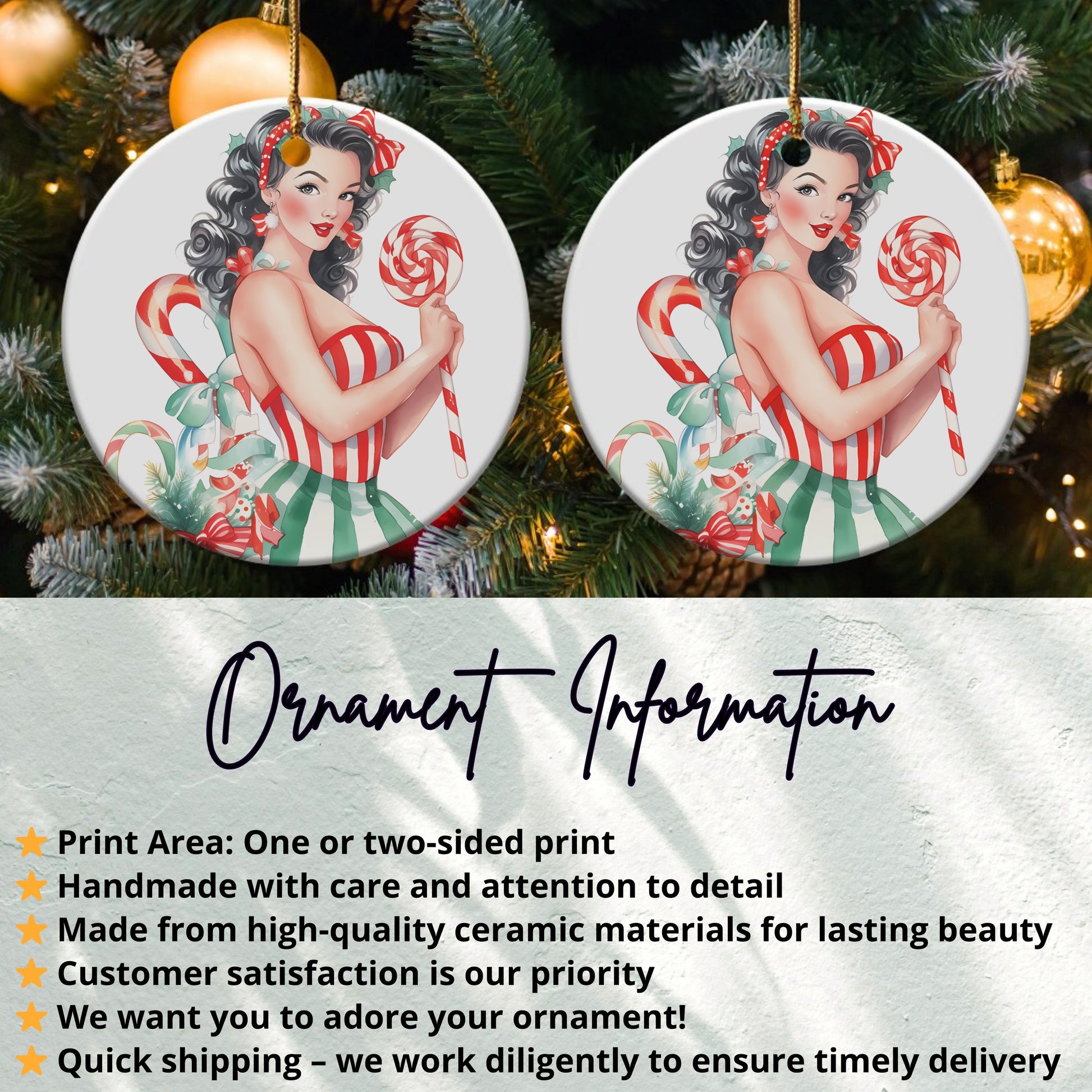 Retro Christmas Pin-Up Girl with Candy Cane Ornament product