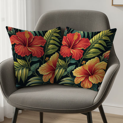 Tropical Hibiscus Flower and Palm Leaves Design Decorative Floral Throw Pillows - Walk Greener