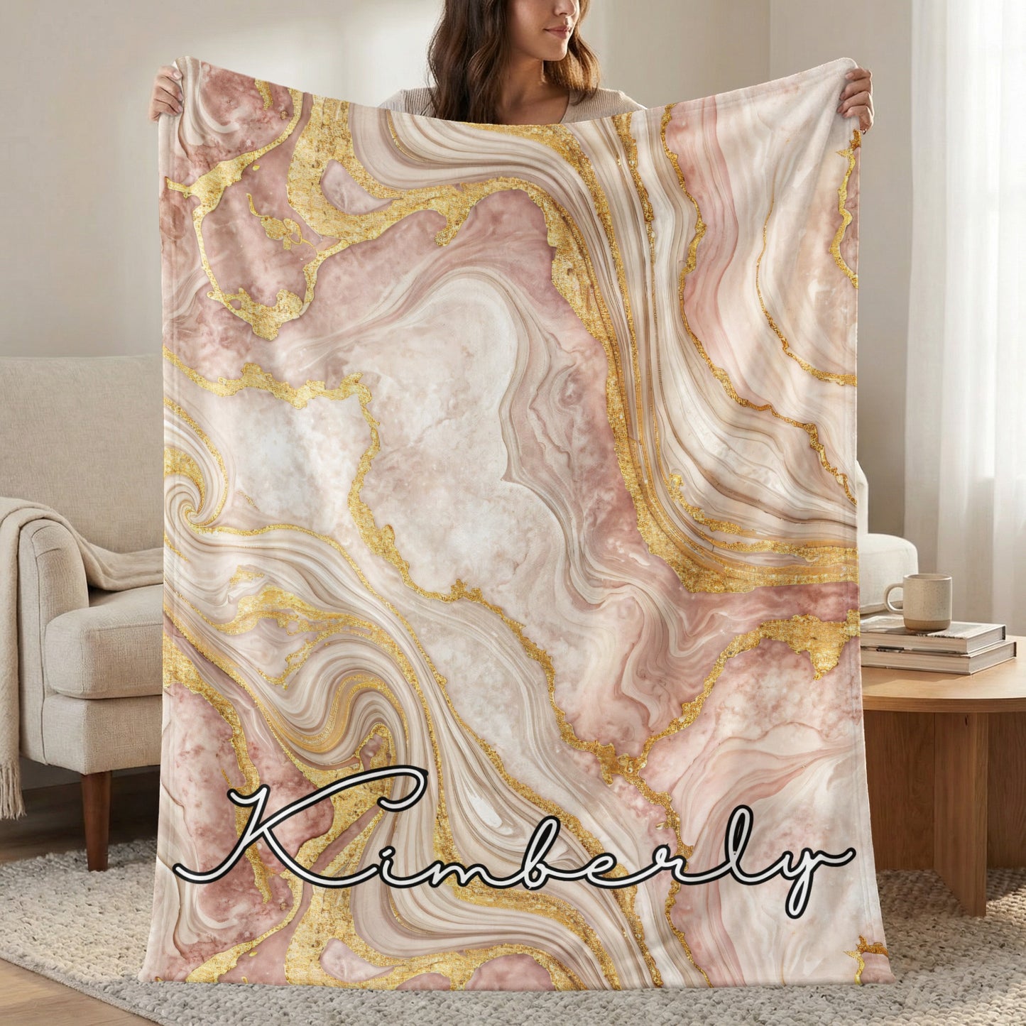Pink Marble with Golden Veins Custom Name Blanket - Walk Greener