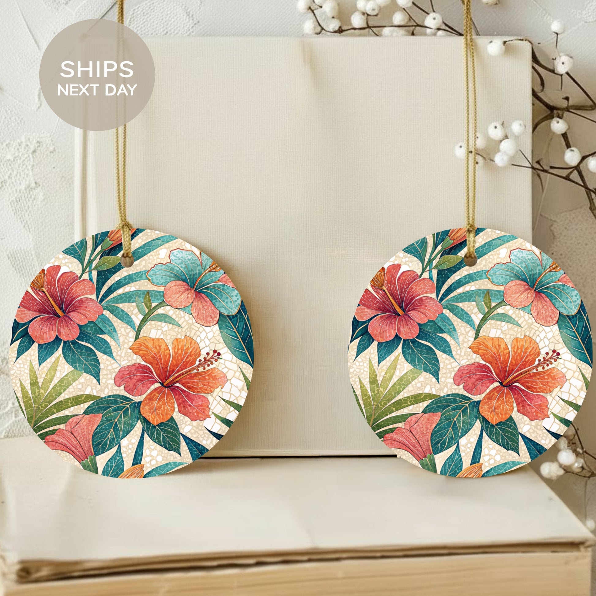 Vibrant Tropical Floral Pattern Round Ornament Set