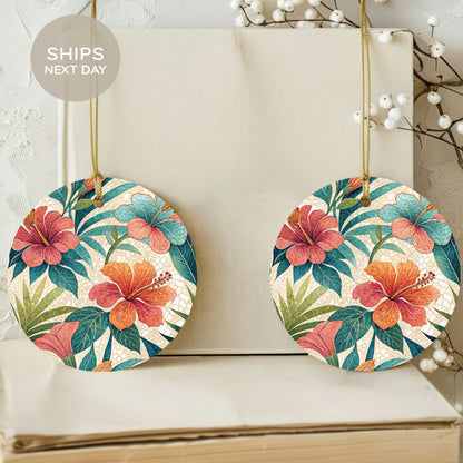 Vibrant Tropical Floral Pattern Round Ornament Set