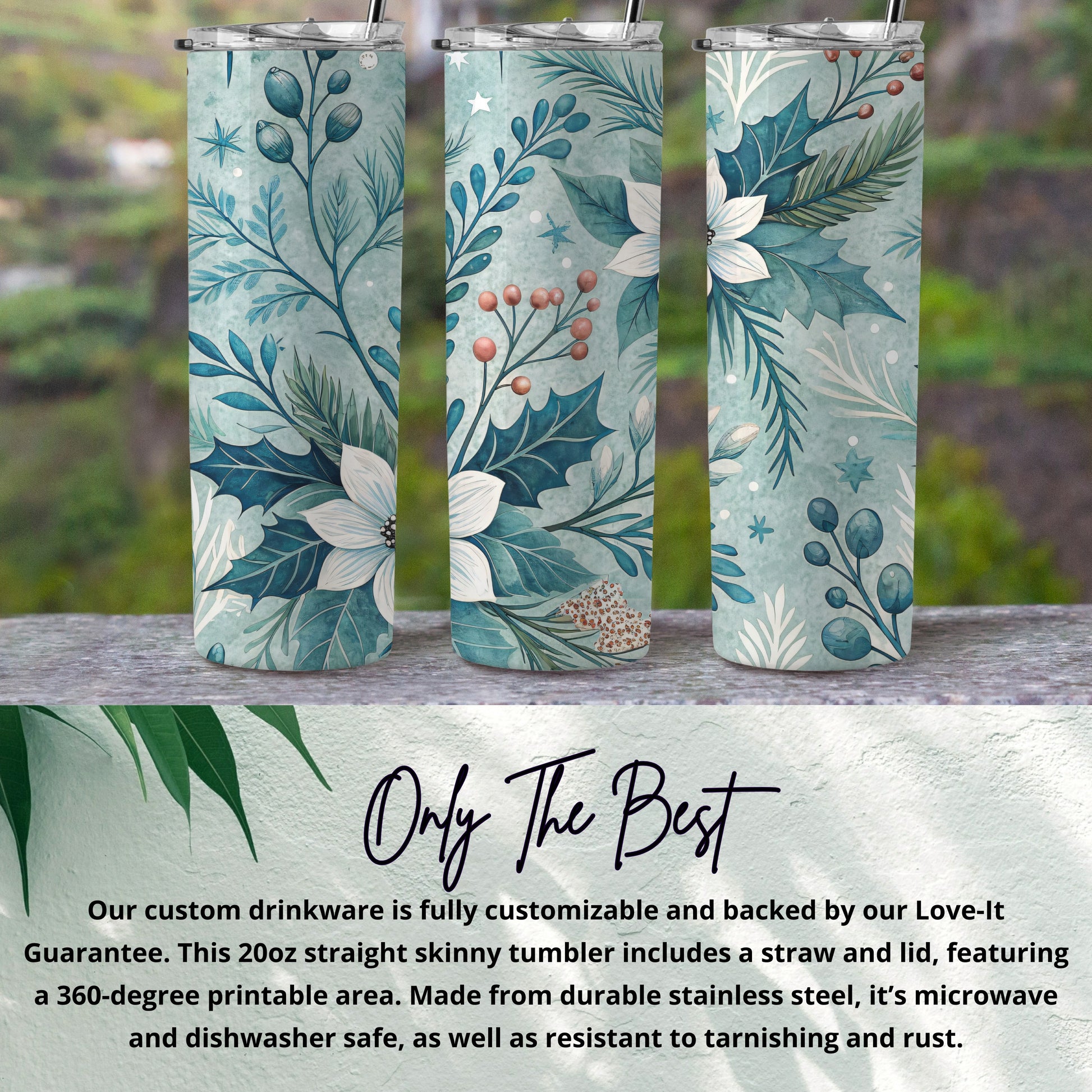 Floral Blue Christmas Skinny Tumbler With Straw Tumbler
