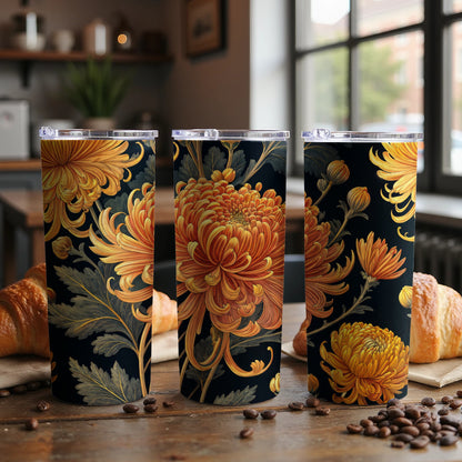 Golden Chrysanthemums Floral Design on Black Background Tumblers - Walk Greener