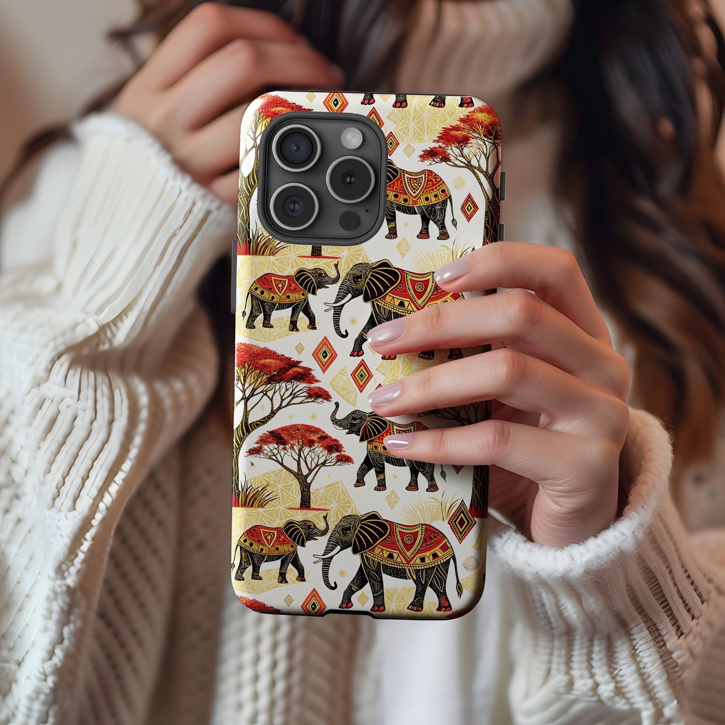African Elephants Savannah Trees and Diamond Shapes Custom Phone Case - Walk Greener