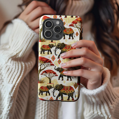 African Elephants Savannah Trees and Diamond Shapes Custom Phone Case - Walk Greener