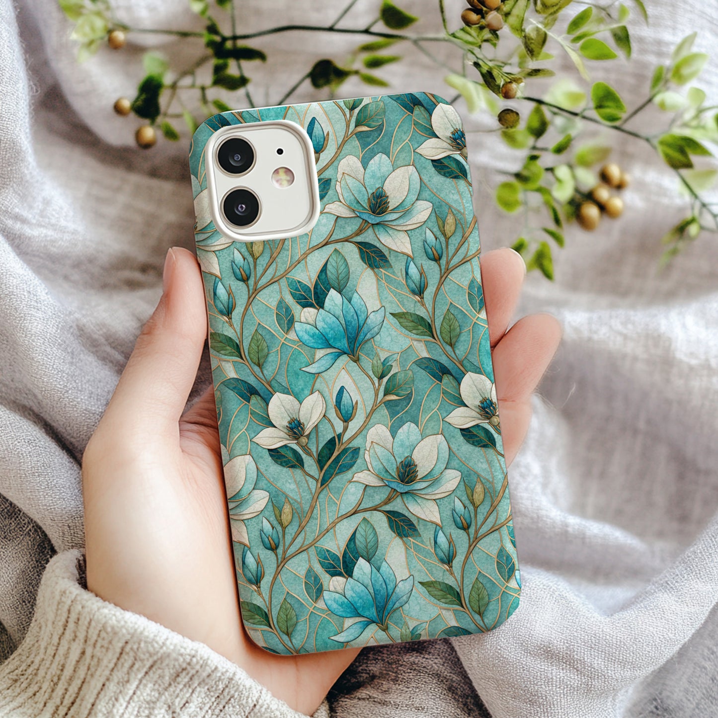 Teal and White Floral Design Phone Case Cover