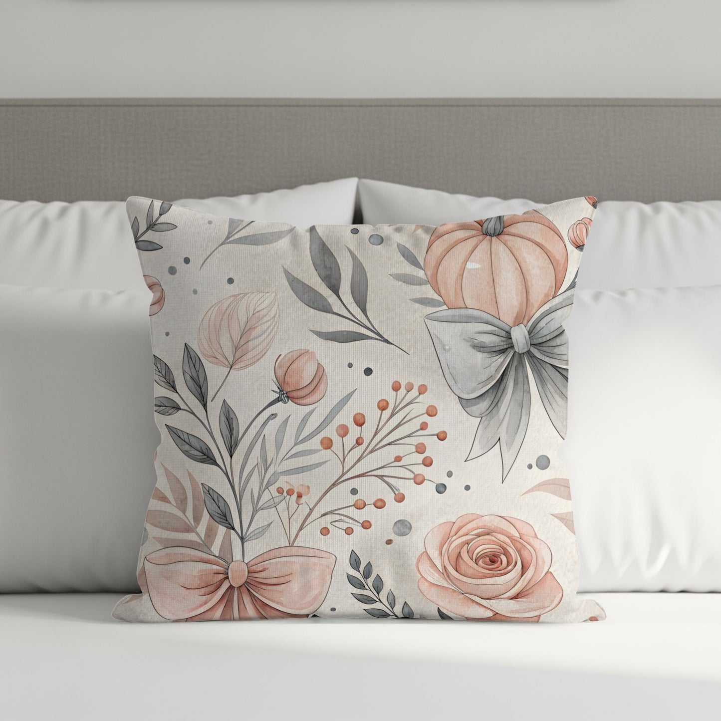 Elegant Floral Design Pillow with Bows and Leaves
