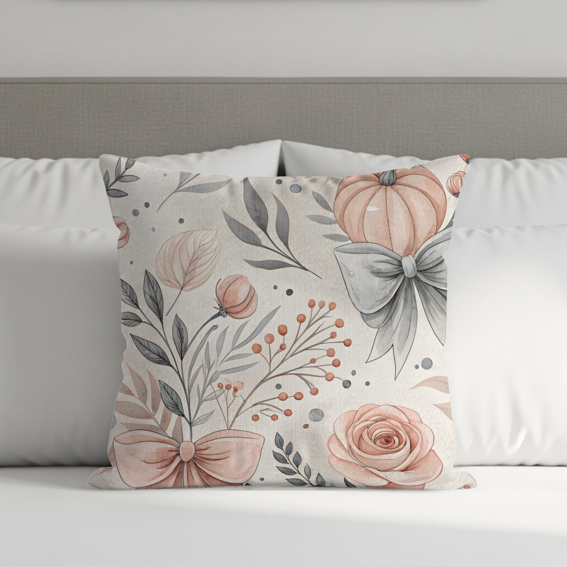 Elegant Floral Design Pillow with Bows and Leaves