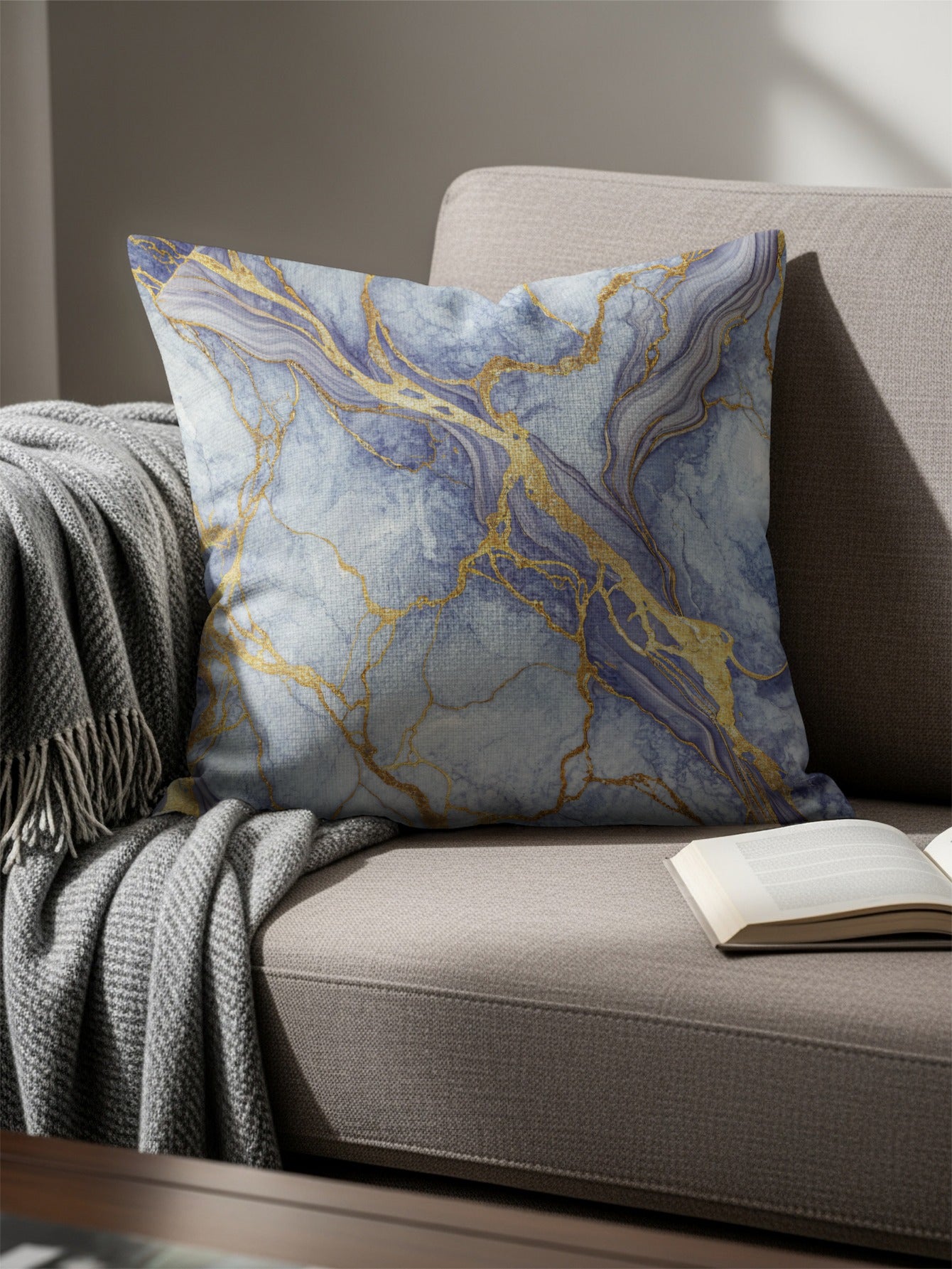 Elegant Blue and Gold Marble Pattern Throw Pillow