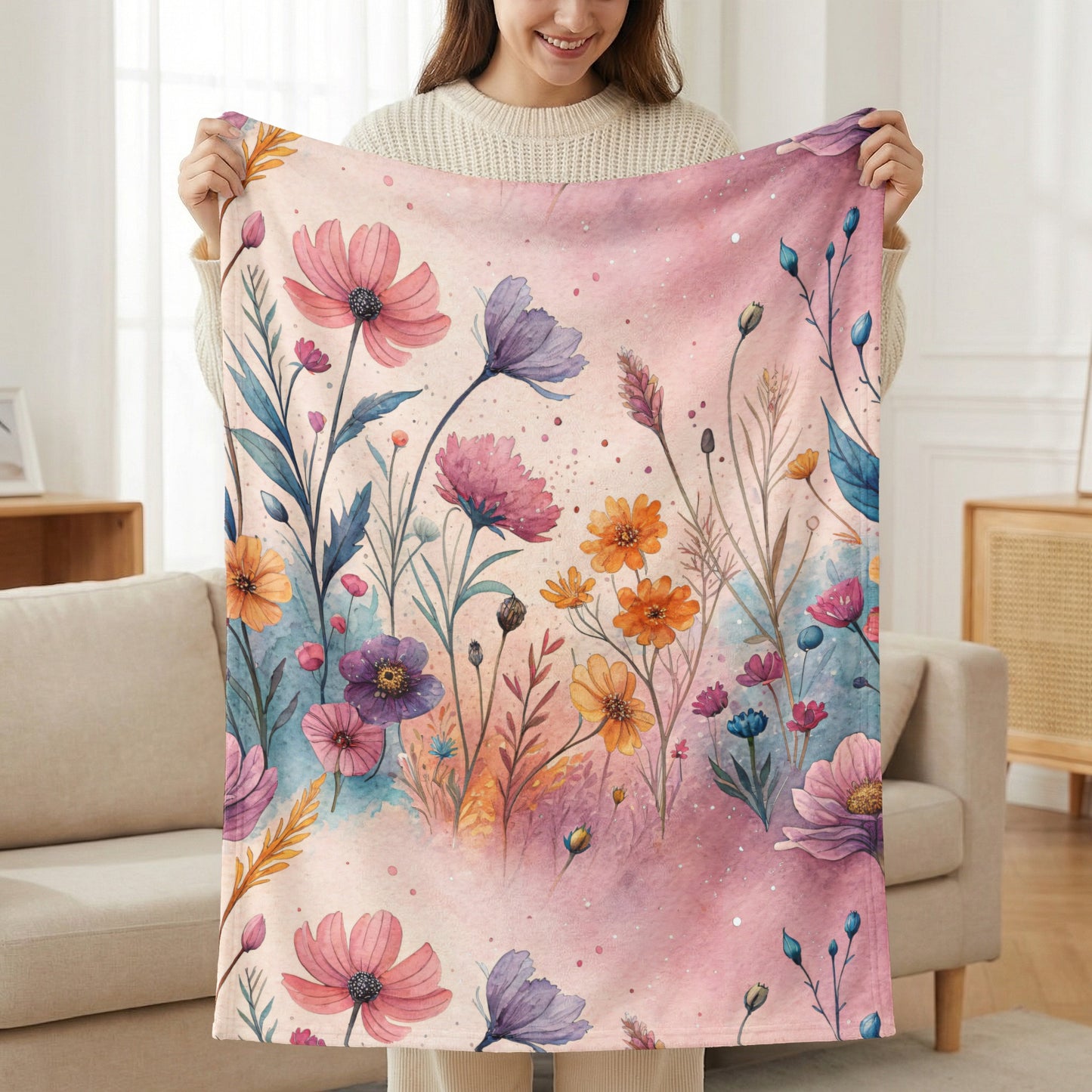 Watercolor Floral Garden On Pale Pink Design Velveteen Plush Blankets - Walk Greener
