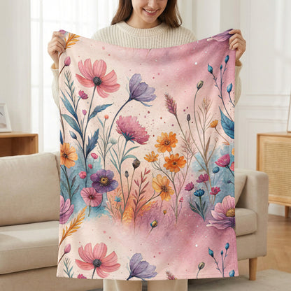 Watercolor Floral Garden On Pale Pink Design Velveteen Plush Blankets - Walk Greener