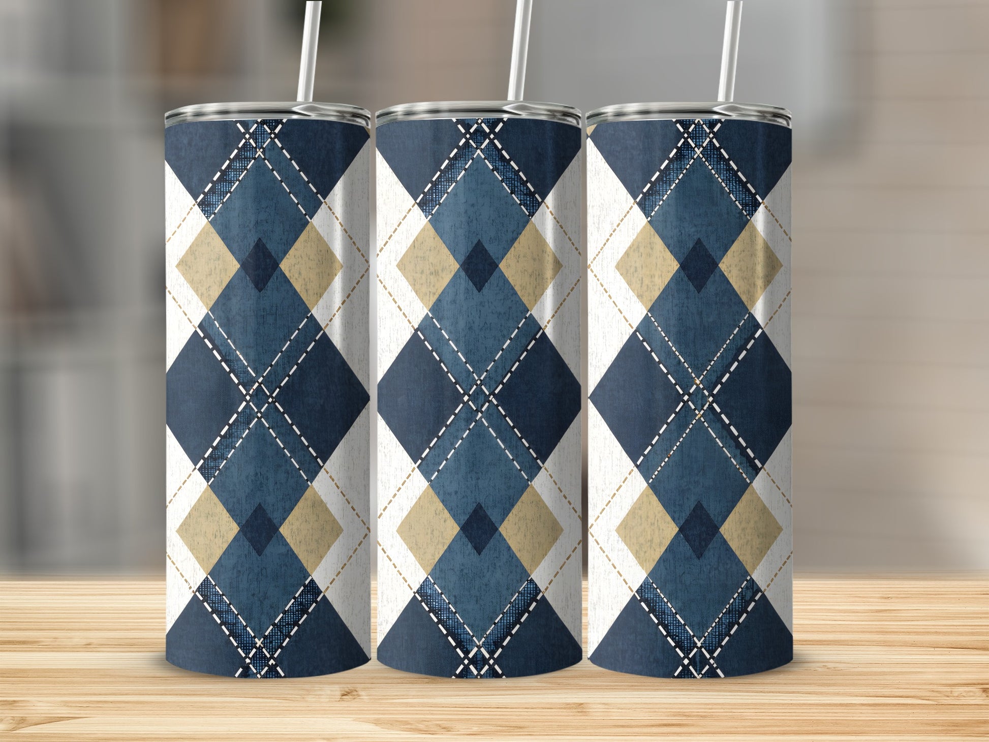 Blue and Beige Argyle Pattern Stainless Steel Tumbler