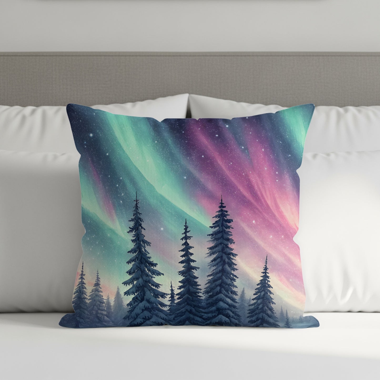 Northern Lights and Forest Scene Throw Pillow