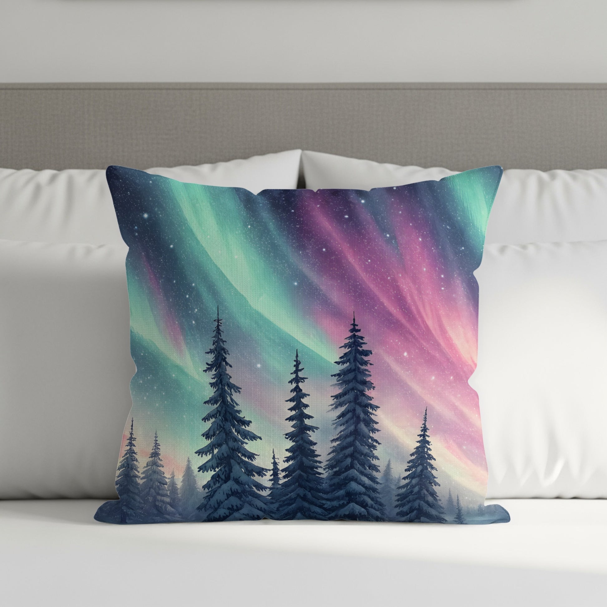 Northern Lights and Forest Scene Throw Pillow