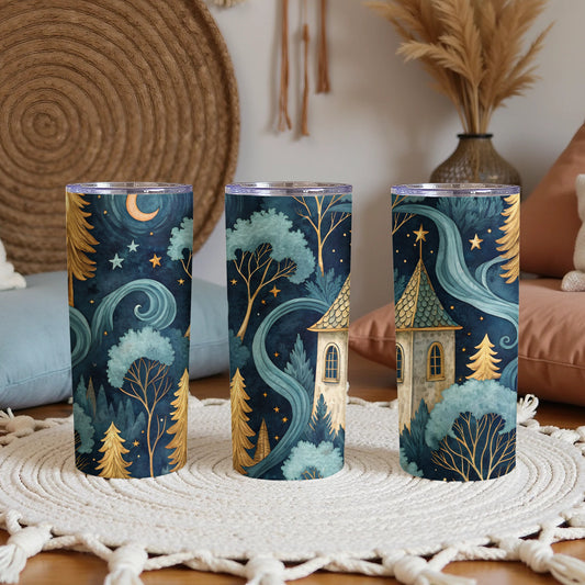 Enchanting Forest Castle Tumbler with Stars Design