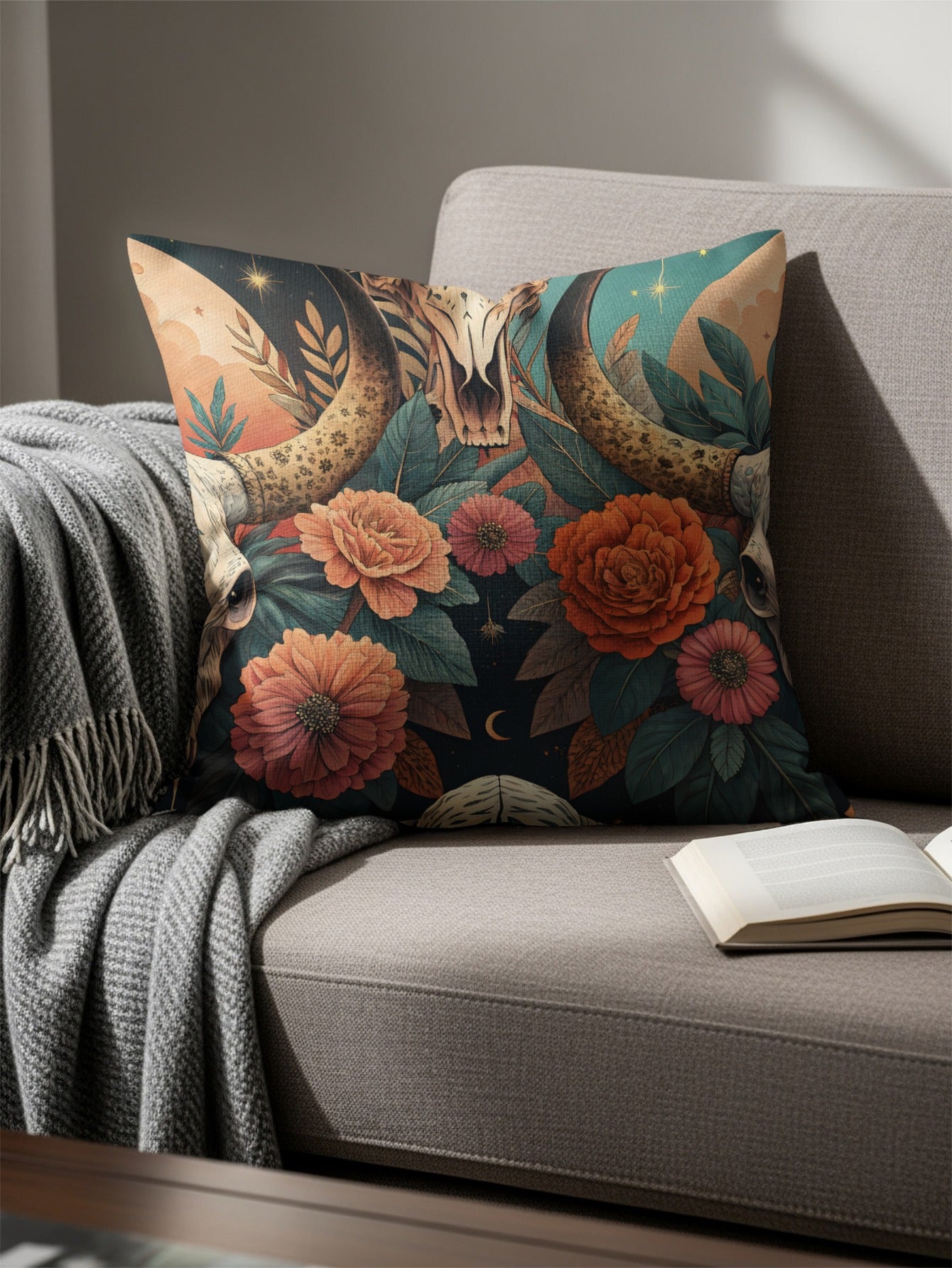 Floral Skull and Horns Decorative Pillow for Couch
