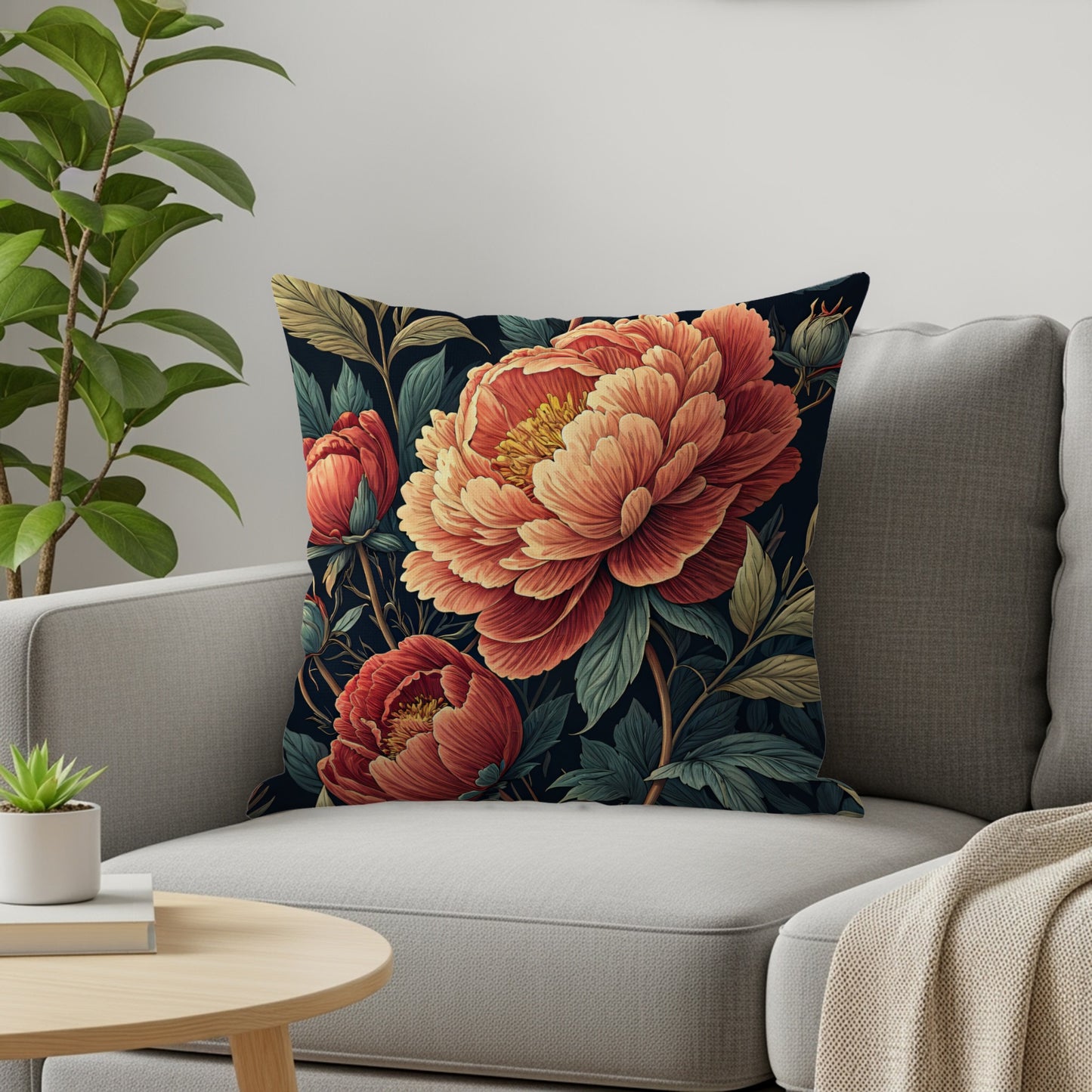 Botanical Peony Garden Print in Coral and Teal Decorative Floral Throw Pillows - Walk Greener