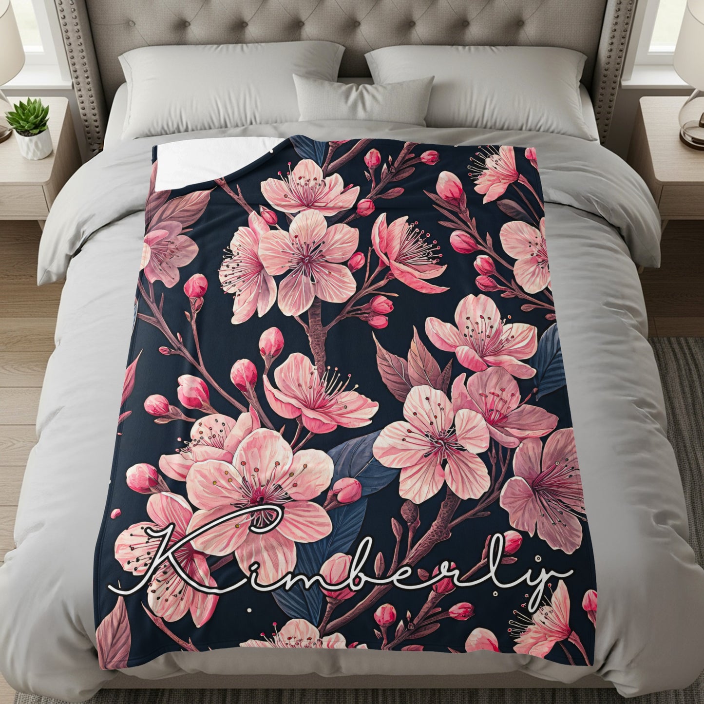 Floral Custom Name Blanket With Pretty Pink Blooms Design - Walk Greener