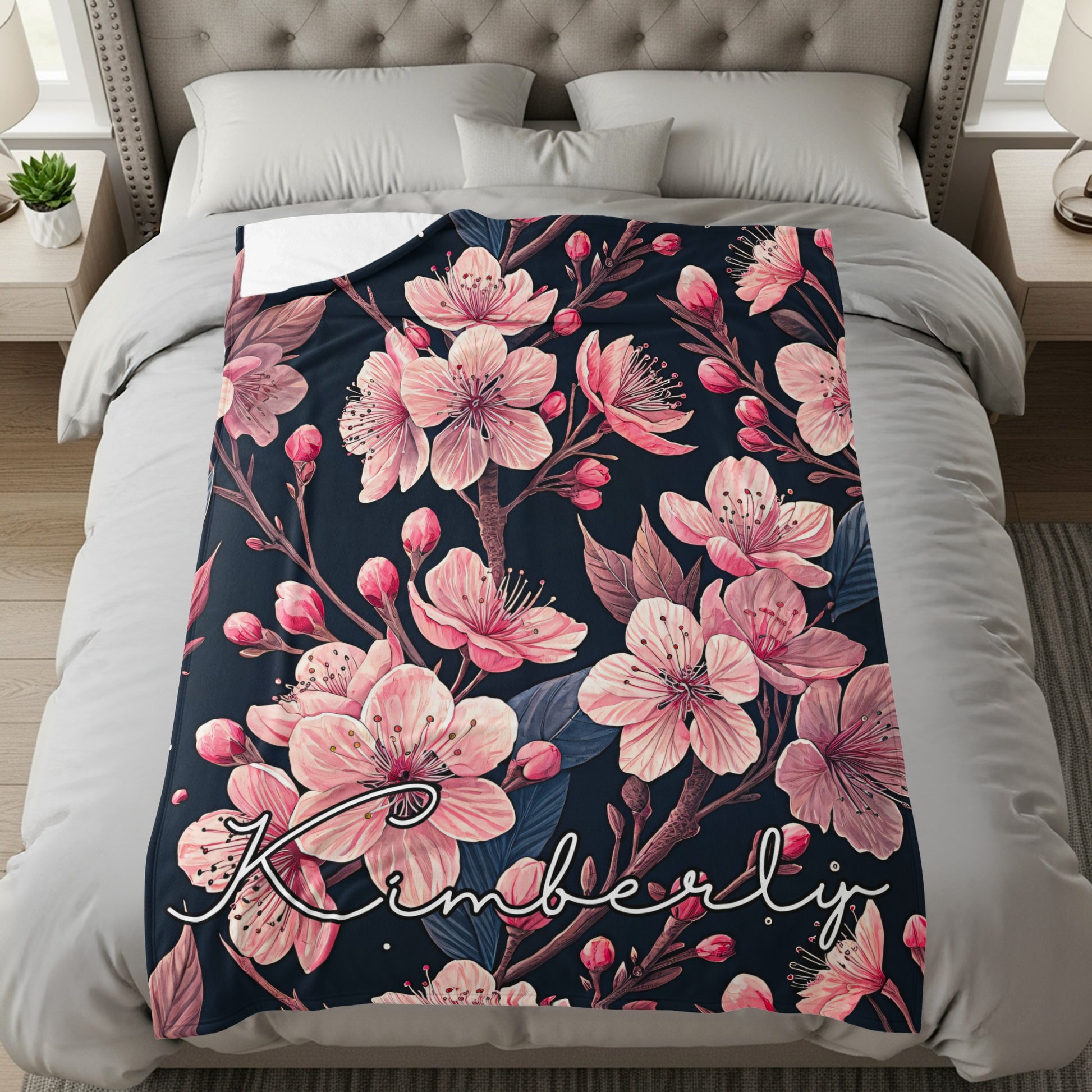 Floral Custom Name Blanket With Pretty Pink Blooms Design - Walk Greener