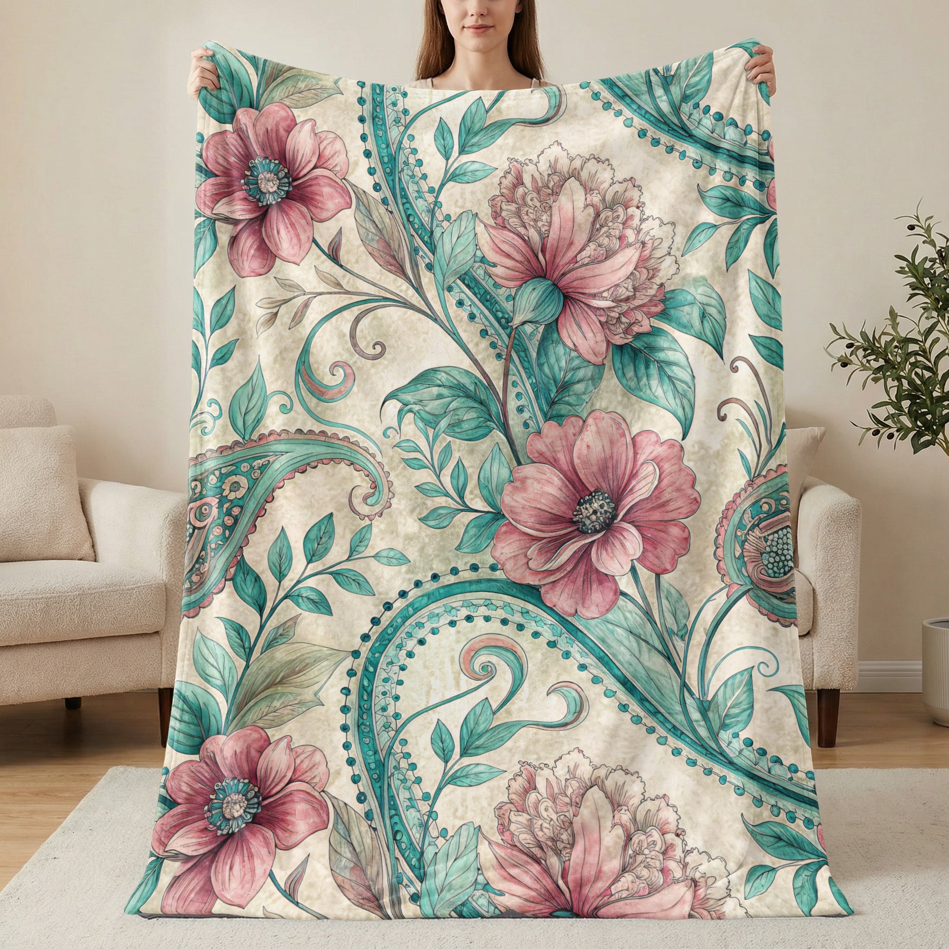 Elegant Floral Paisleys and Blooms Artistic Velveteen Plush Blankets - Walk Greener