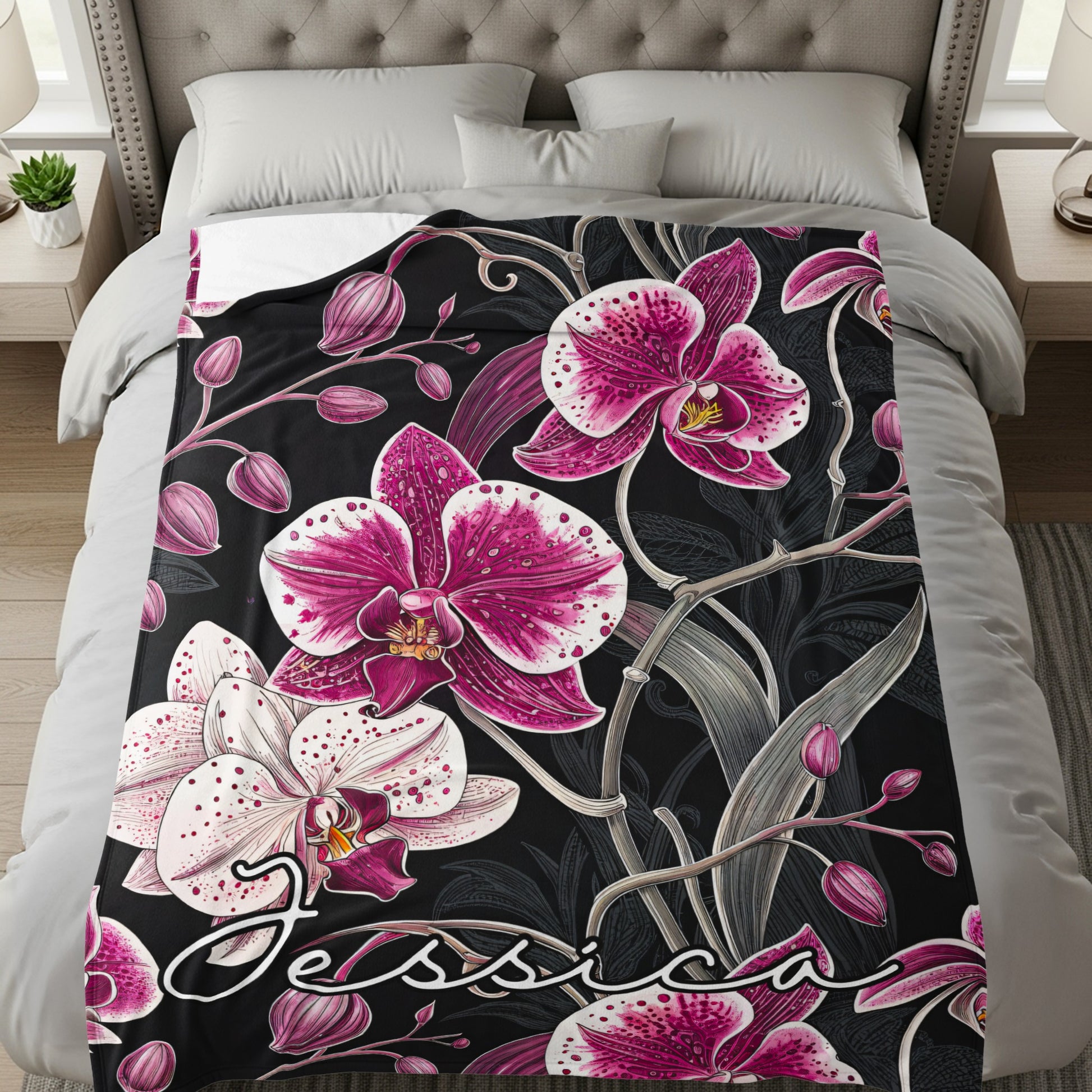 Custom Name Floral Design with Orchids on a Black Backdrop - Walk Greener