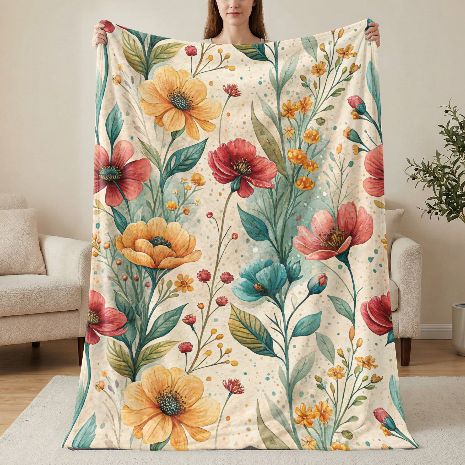 Floral Pattern with Watercolor Style Velveteen Plush Blankets - Walk Greener