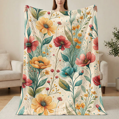 Floral Pattern with Watercolor Style Velveteen Plush Blankets - Walk Greener