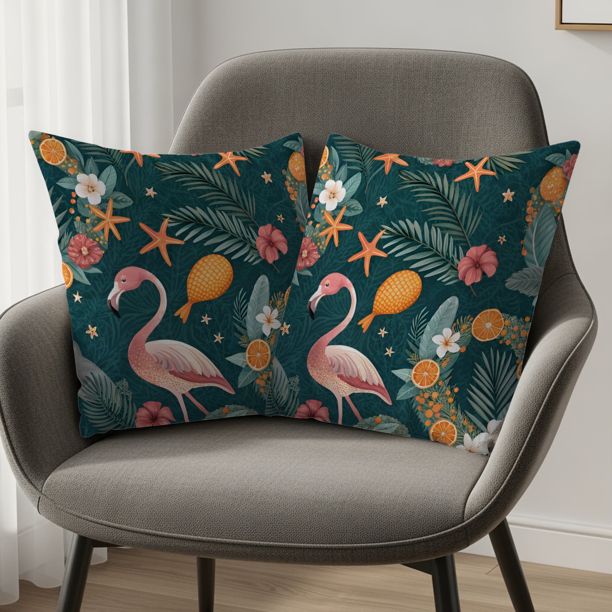 Tropical Flamingo Birds Palms Oranges Starfish Dark Teal Throw Pillows - Walk Greener