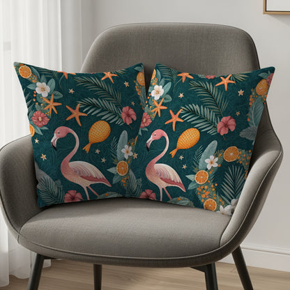 Tropical Flamingo Birds Palms Oranges Starfish Dark Teal Throw Pillows - Walk Greener
