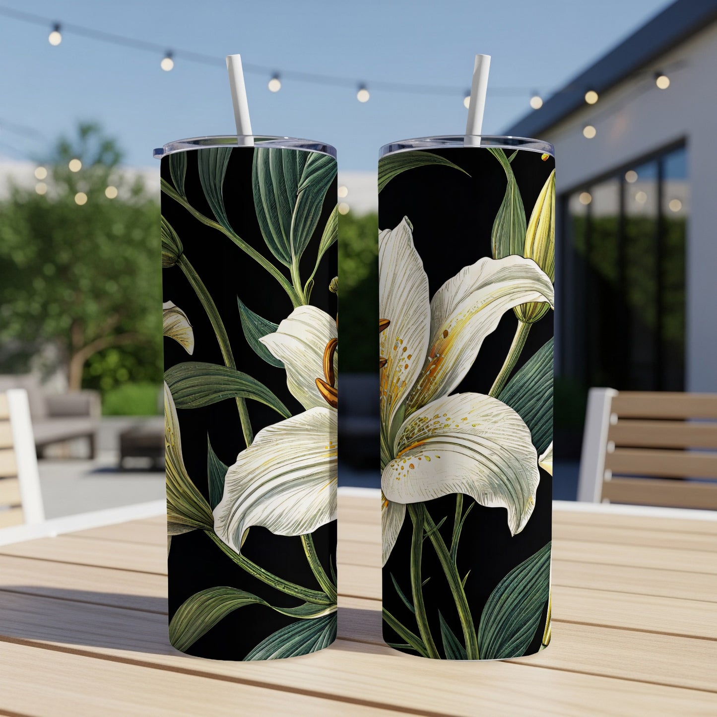 Delicate White Lilies on Black Background for Floral Lovers Tumblers - Walk Greener