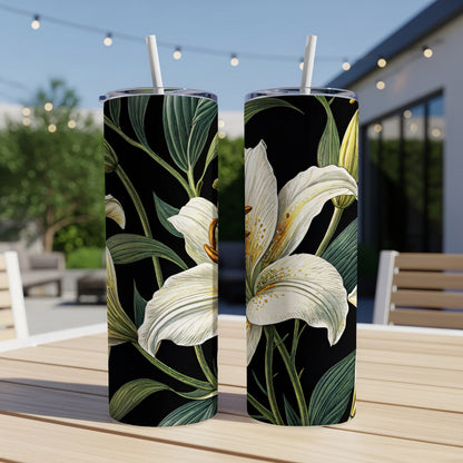 Delicate White Lilies on Black Background for Floral Lovers Tumblers - Walk Greener