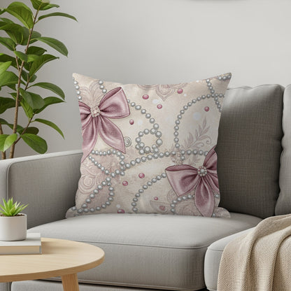 Elegant Pearl and Pink Bow Decorative Pillow Cover