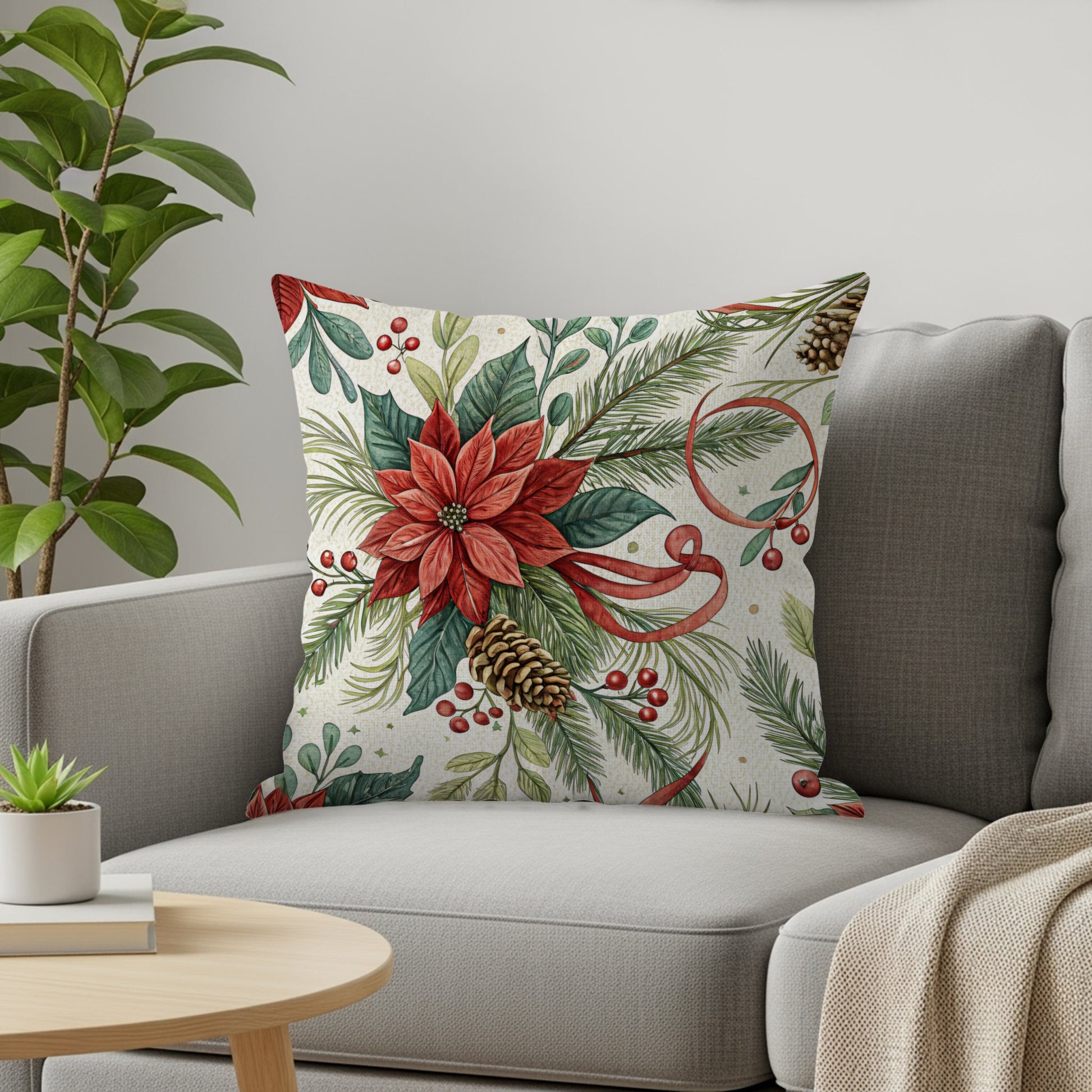 Festive Poinsettia and Pinecone Decorative Pillow product