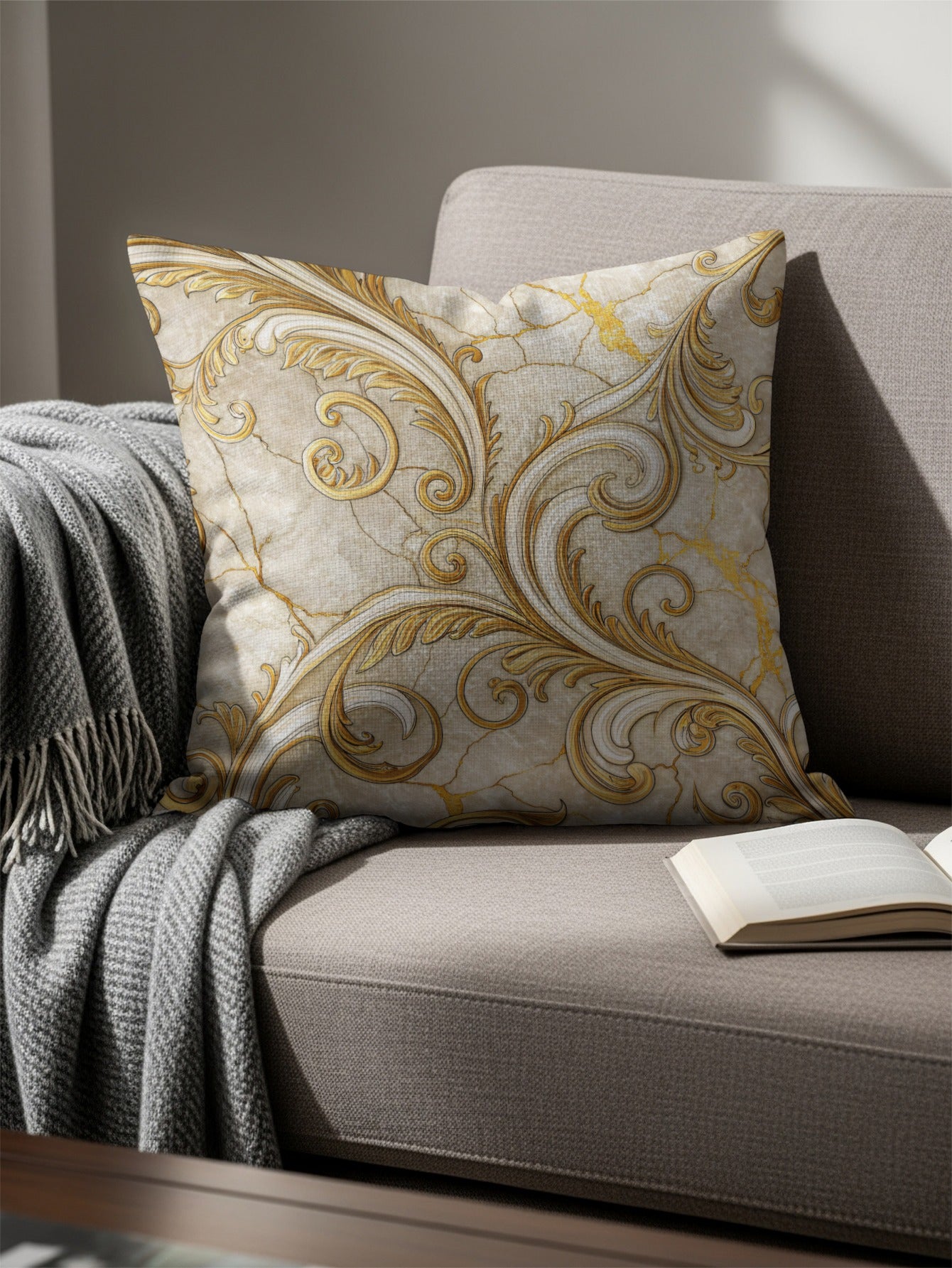 Elegant Gold and White Swirl Design Cushion Cover