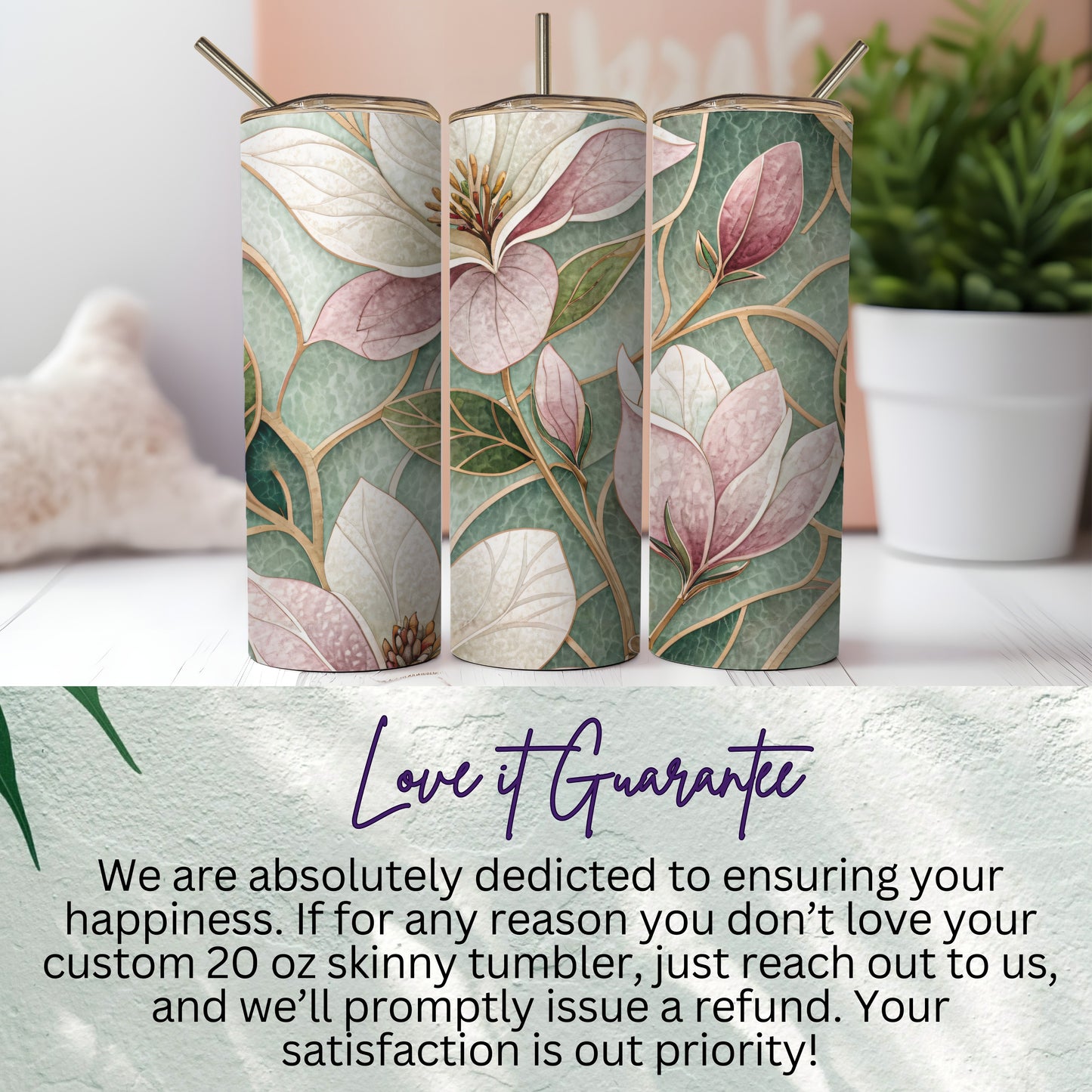 Magnolia Flowers Art Deco Style Watercolor Floral Design 20 oz Skinny Tumbler - Walk Greener