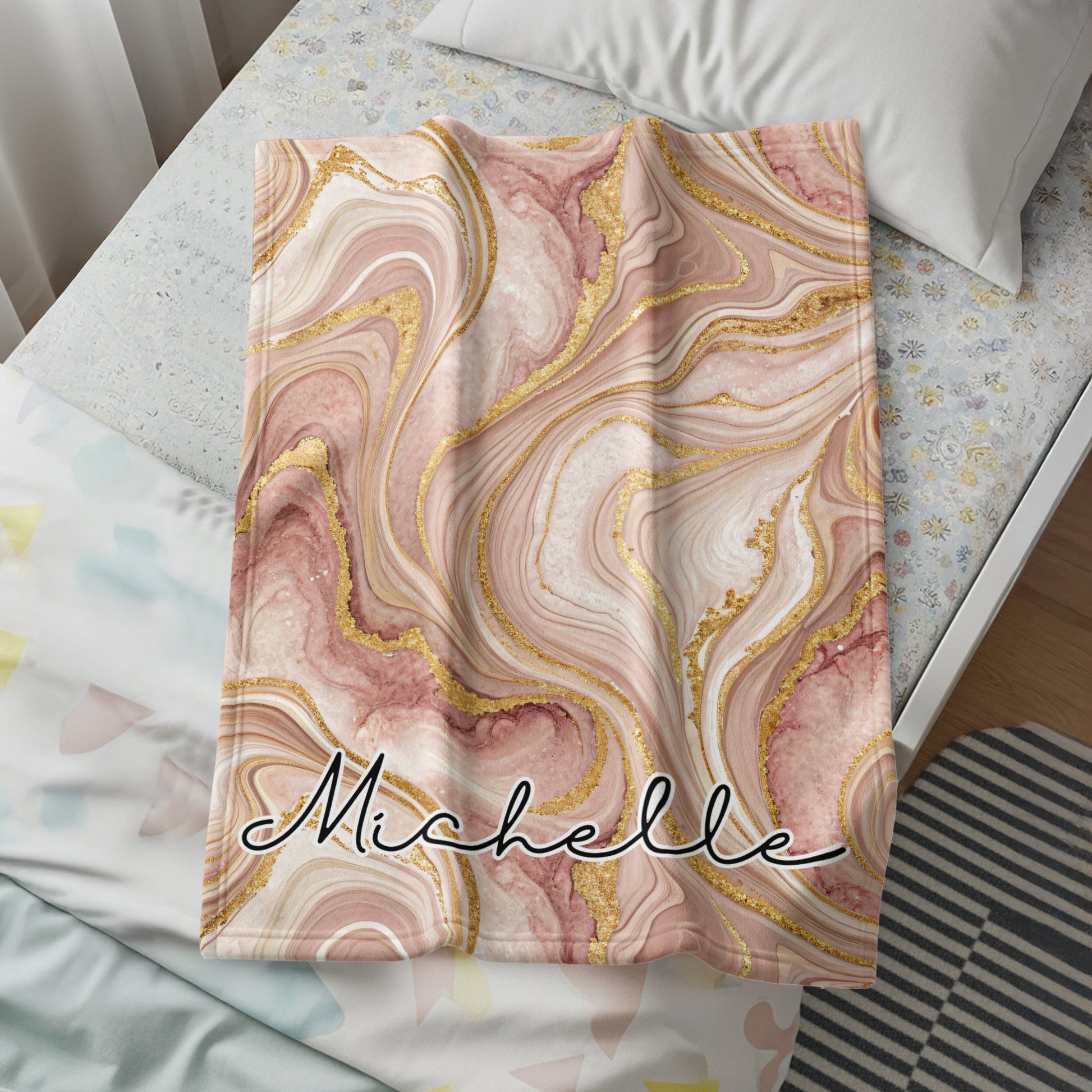 Personalized Gold Marble Bedding Blanket Custom Name