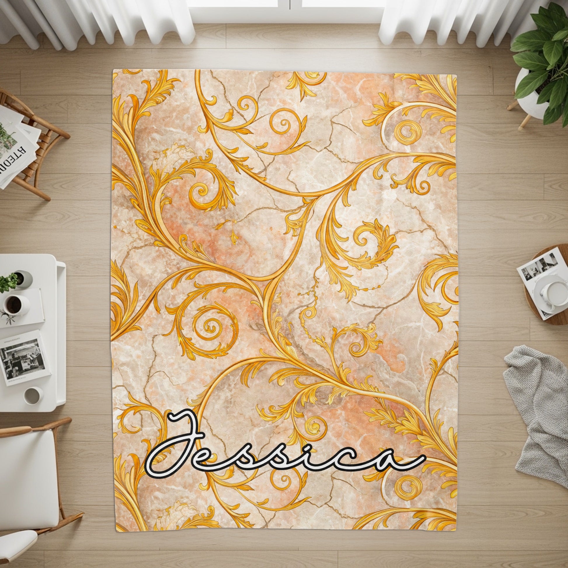Gold Floral Swirls on Marble Custom Name Blanket - Walk Greener