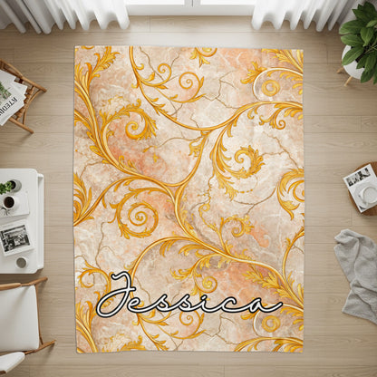 Gold Floral Swirls on Marble Custom Name Blanket - Walk Greener