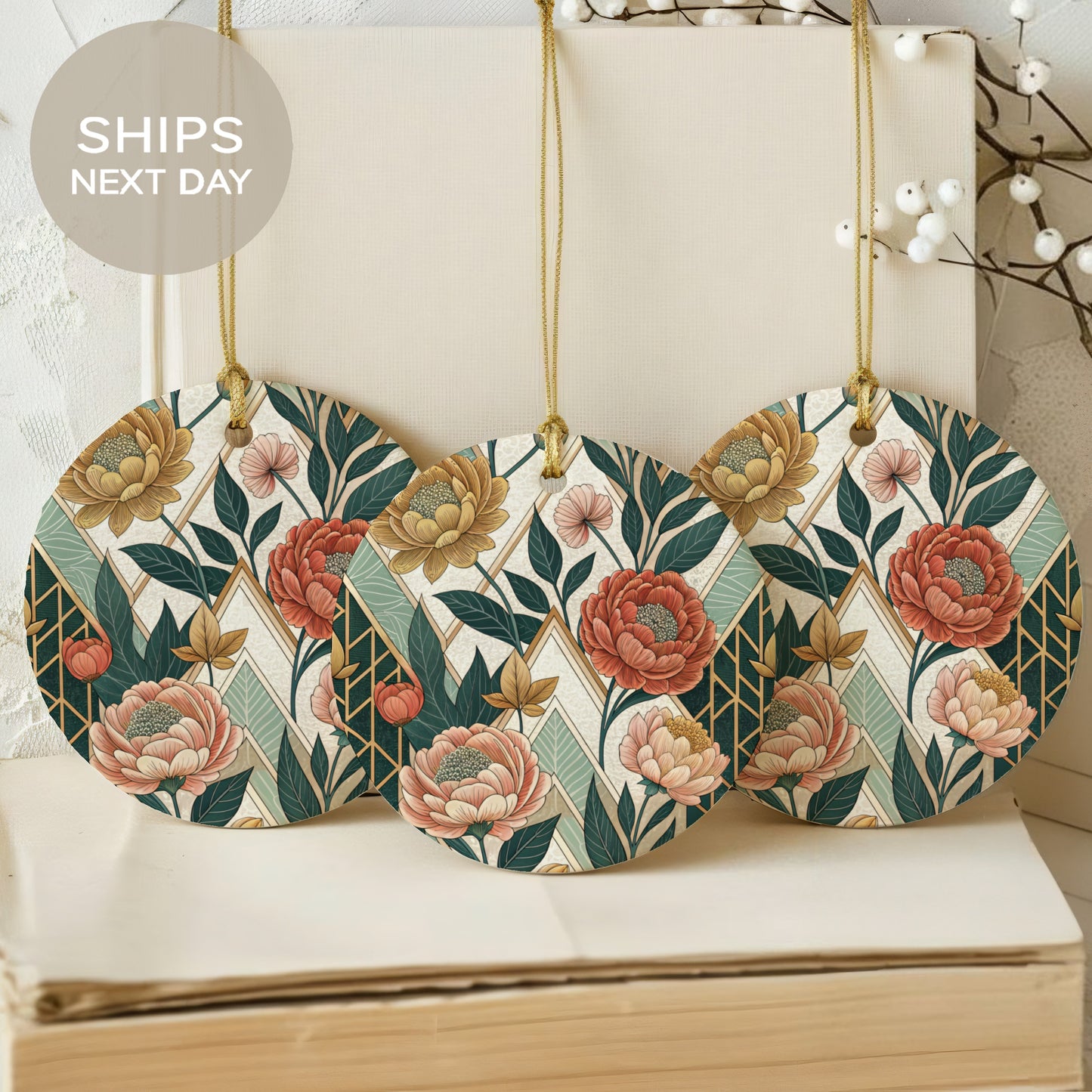 Floral Pattern Round Ornaments Ships Next Day Hanging Decor
