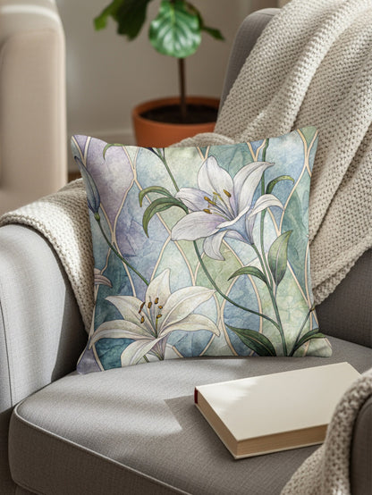 Pastel Lily Pattern Against Blue Green Arches Throw Pillows - Walk Greener