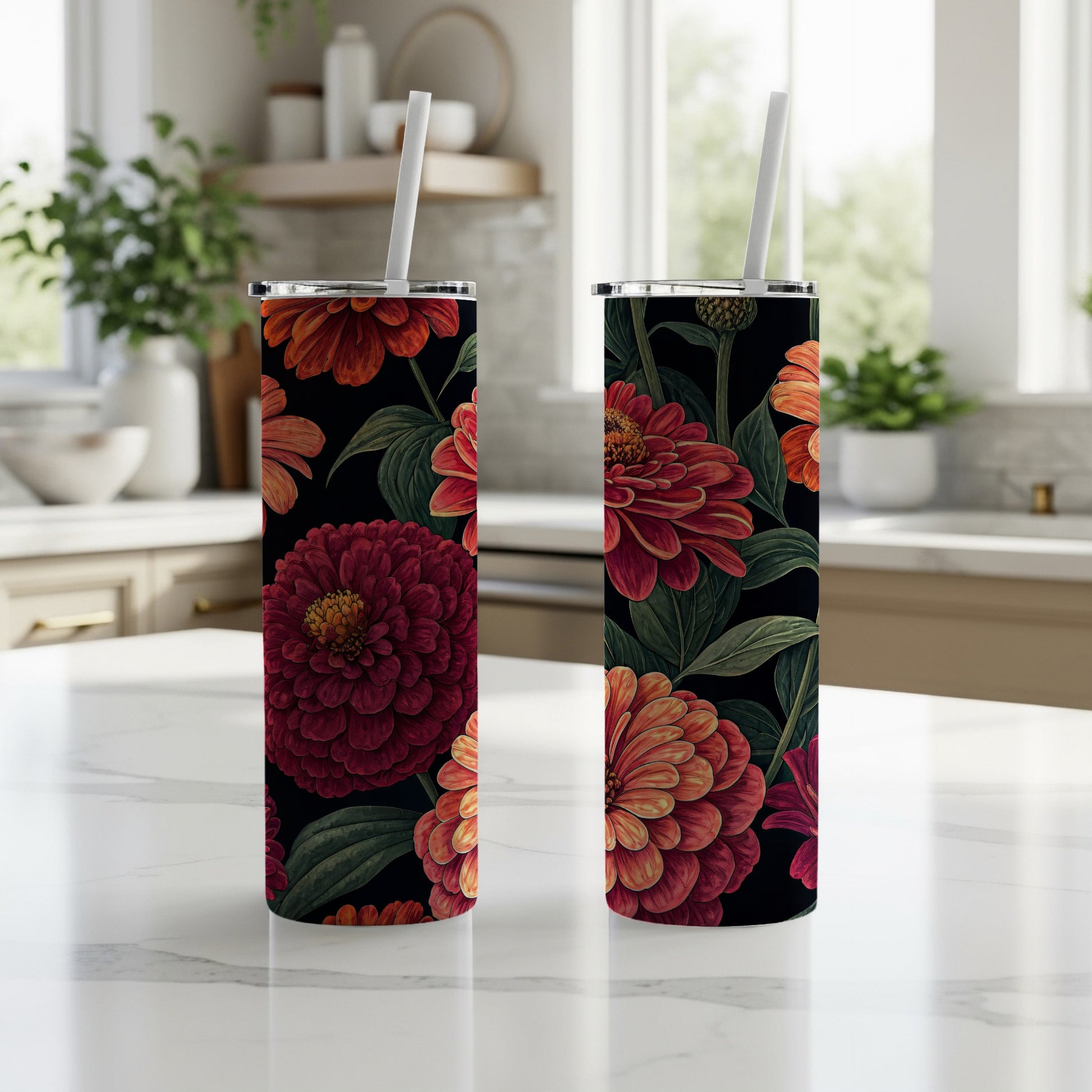 Floral Black Background Insulated Tumbler with Straw