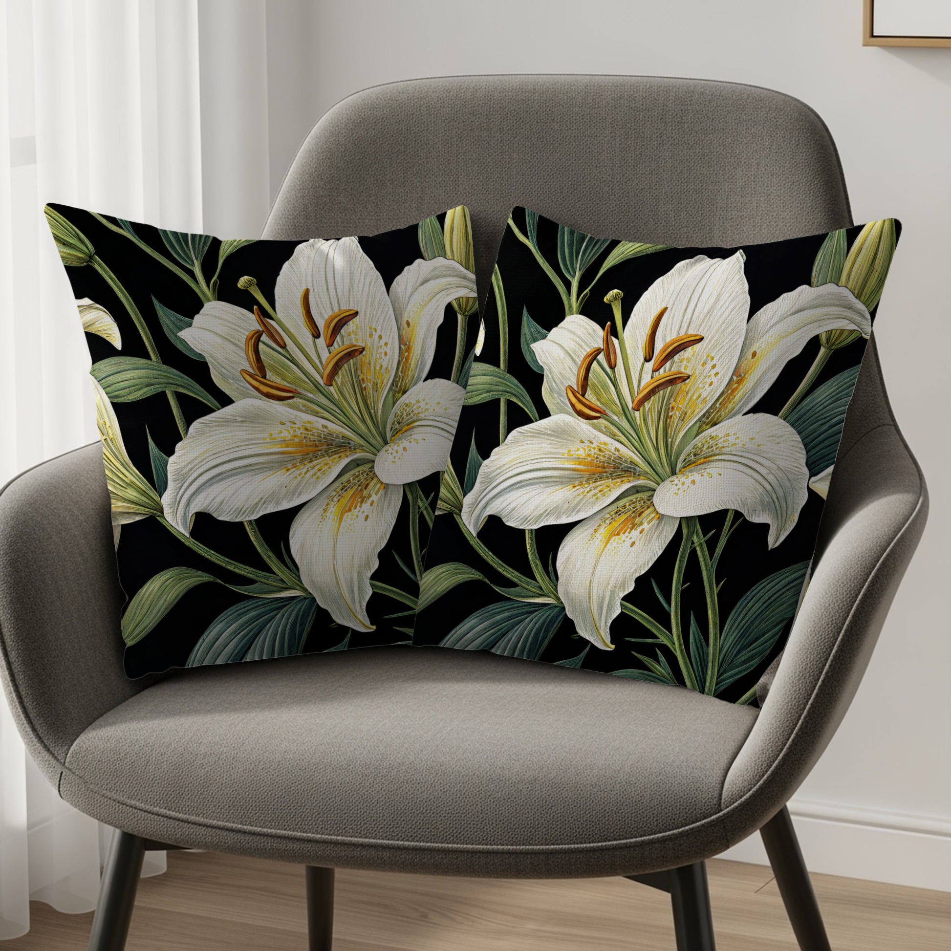 Elegant White Lily Print Decorative Throw Pillow Set