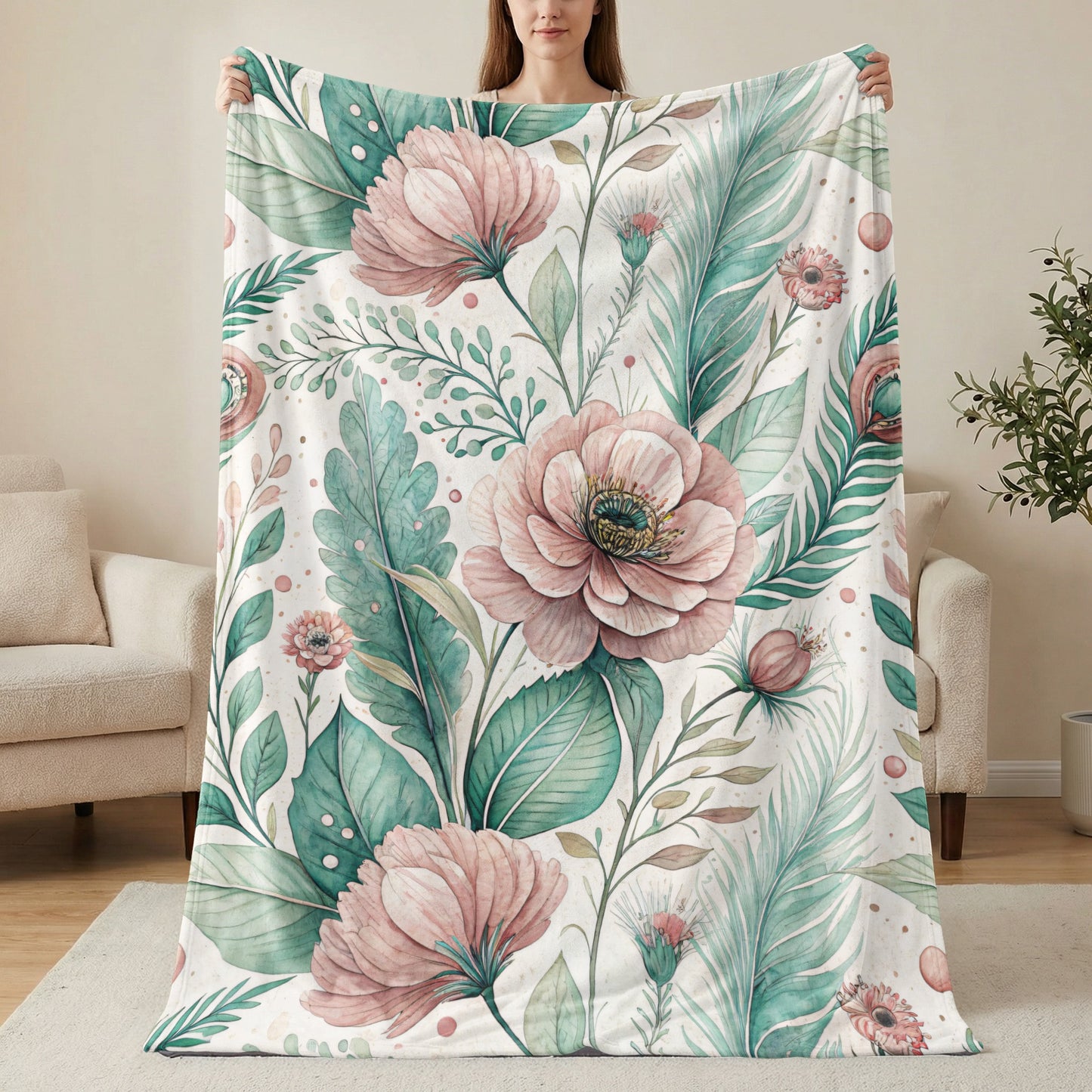 Floral Harmony Dreamy Botanical Watercolor Velveteen Plush Blankets - Walk Greener