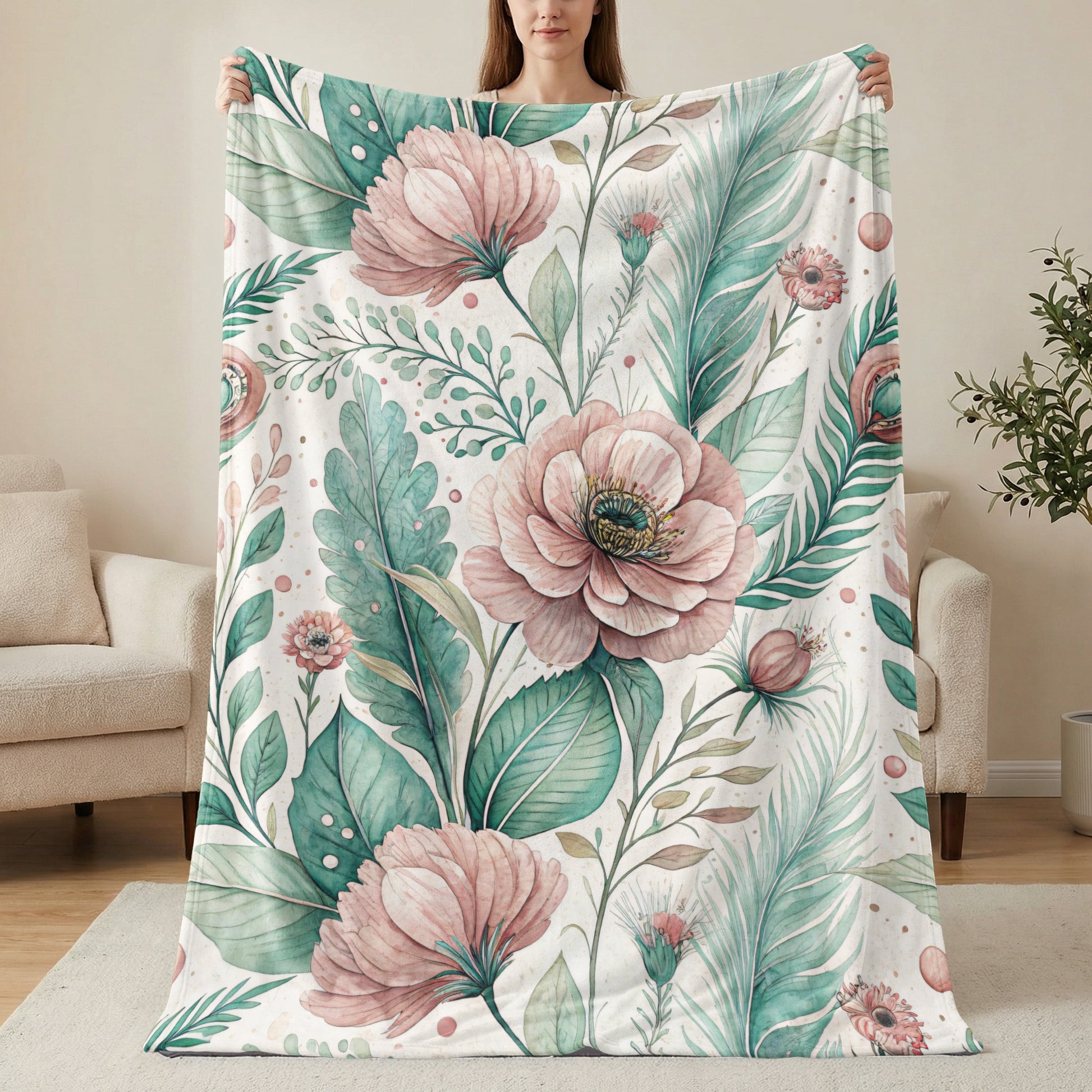 Floral Harmony Dreamy Botanical Watercolor Velveteen Plush Blankets - Walk Greener