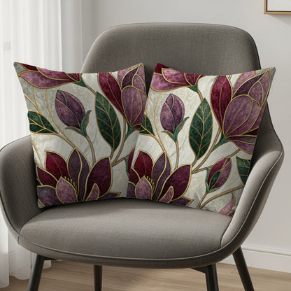 Maroon Flowers Golden Outlines on White Pattern Throw Pillows - Walk Greener