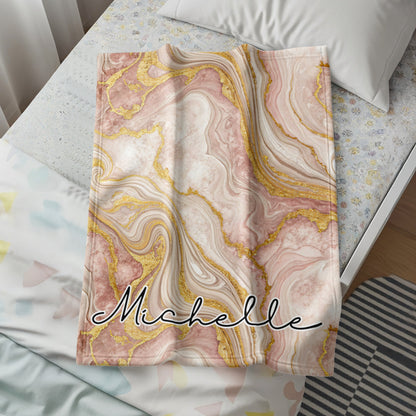 Pink Marble with Golden Veins Custom Name Blanket - Walk Greener